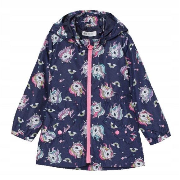 H&M 8-9Y Unicorn Lightweight Girls Jacket Navy Rainbow Detachable Hood Jacket - Picture 11 of 11
